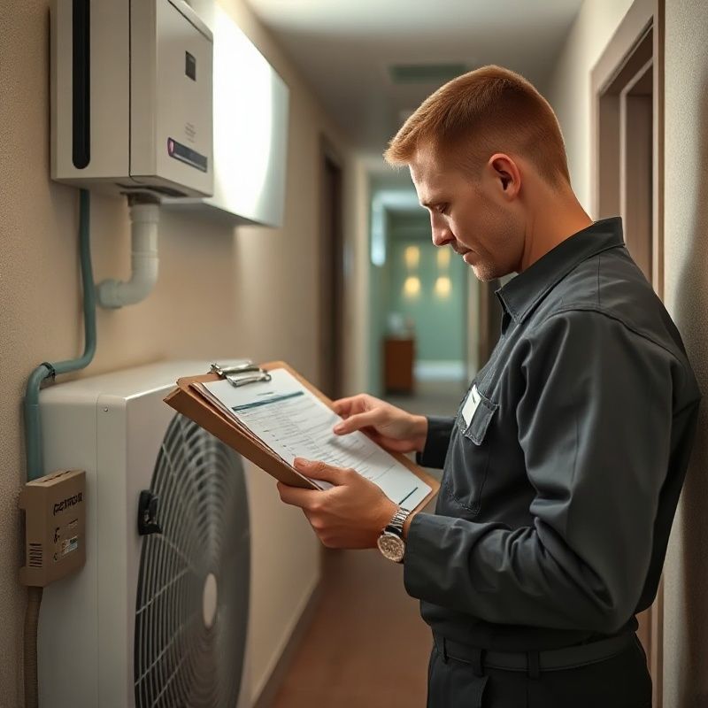 Tehničar pregledava kontrolnu listu održavanja pored HVAC opreme u hotelu
